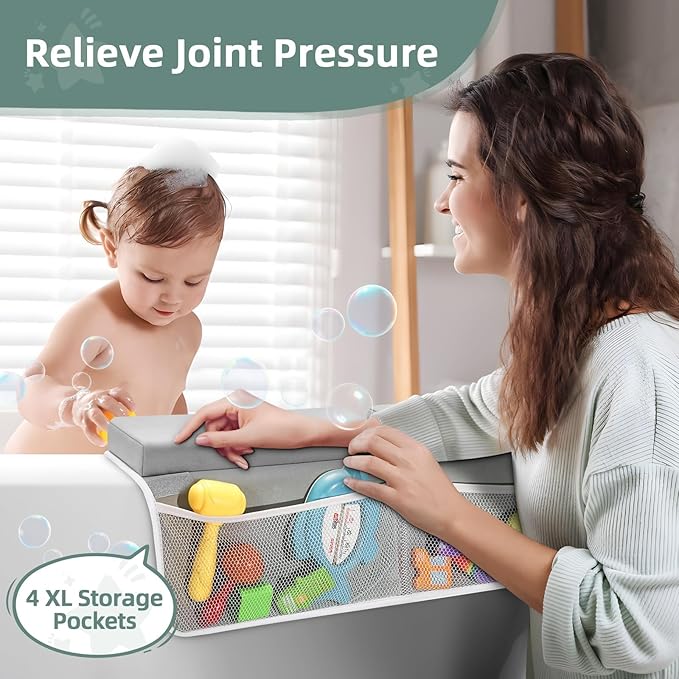 IFNOW Baby Bath Kneeler and Elbow Rest Pad Set - 26'' Extra Long and 2.4'' Thick, Quick Dry Kneeling Pad for Bathing Baby with Knee & Arm Support, Foldable Non-Slip Bathtub Mat with Toys Organizer