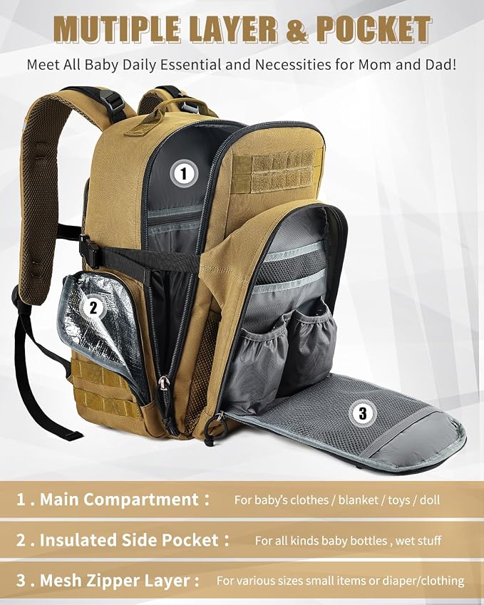 SHARKMOUTH Military Diaper Bag for Dad: Military Baby Backpack with Insulated Changing Pad for Outdoor Dads - MOLLE Webbing & 900D Polyester for Camping Hiking Travel
