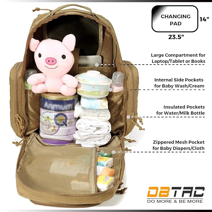 Diaper Bag Backpack for Dad, DBTAC Large Baby Nappy Bag for Men w/Changing Mat, Insulated+Wipe Pockets, Stroller Straps, Brown