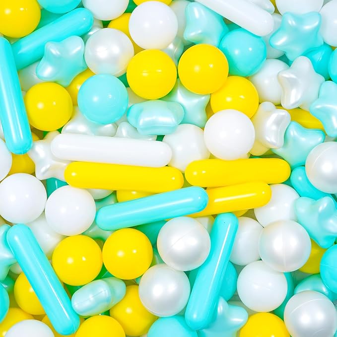 Ball Pit Balls for Toddlers 1-3, 100pcs Crush Proof Plastic Balls for Girls Ball Pit, BPA Free Non-Toxic Play Balls for Baby Pool, Playhouse, Tent, for Dogs & Pets,3 Shapes, White Yellow Green