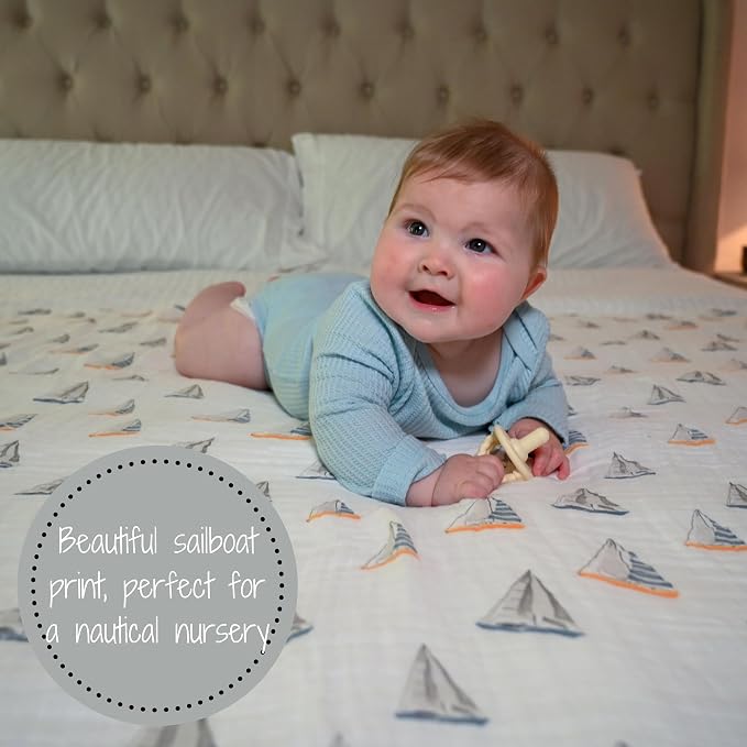 LollyBanks Muslin Swaddle Blankets, 100% Cotton Baby Swaddle Blanket for Boys and Girls, Large 47 x 47 Inches Infant Swaddle, Soft and Breathable Baby Receiving Blankets, Registry (Sailboat Print)