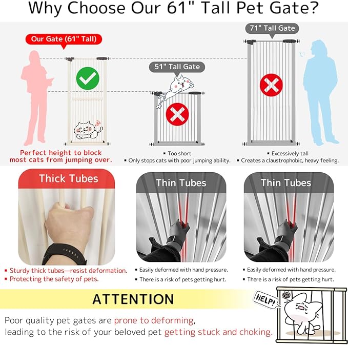 Lumizone 61.02" Extra Tall Pet Gate for Cat Dog 63.39"-67.90" Wide Cream | Extra Tall Cat Gate for Doorway Hallway Stairs Pressure Mounted 1.37" Gap No Drilling Auto-Close Dual-Lock