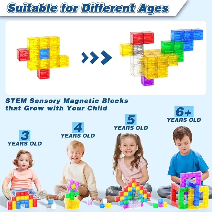 Apluses Magnetic Building Blocks - Transparent Magnetic Cubes, STEM Magnet Toddler Boys Toys for Kids Age 3-5, Travel Sensory Autism Preschool Montessori Toys for 3+ Year Old, Birthday Girls Gifts