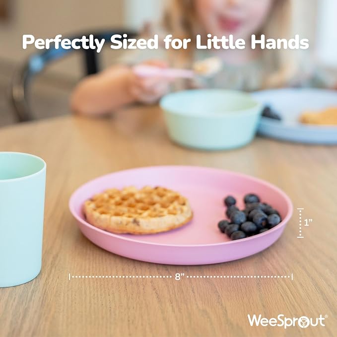 WeeSprout Bamboo Plates, Set of 4, Kid-Sized Dinnerware, Dishwasher Safe Melamine Dishware (Pink, Green, Gray, & Beige, Without Lids)