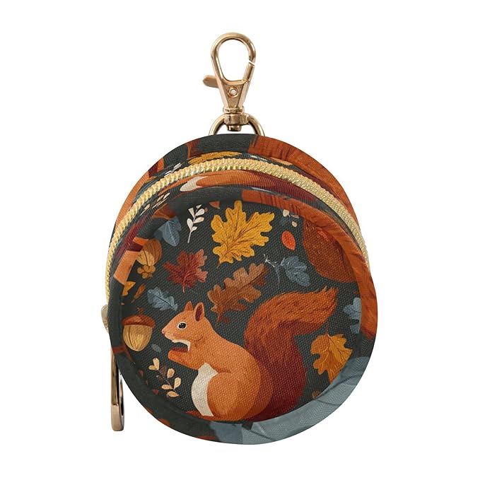 Pacifier Holder with Clip Pacifier Case for Diaper Bag Round Baby Pacifier Pouch Box Bag Portable Blue Squirrel Pinecone Leaves