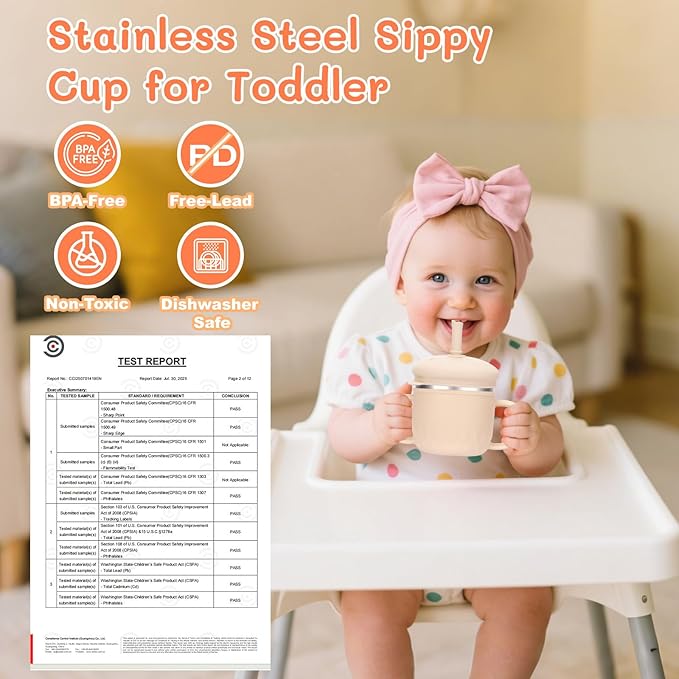 BUSOHA Stainless Steel Toddler Sippy Cup ??8oz Spill-Proof Straw Cup for 6+ Month Babies & Toddlers, 3-in-1 Reusable Travel Cup with Brush ??Dishwasher Safe, Kids Drinking Cup,Beige