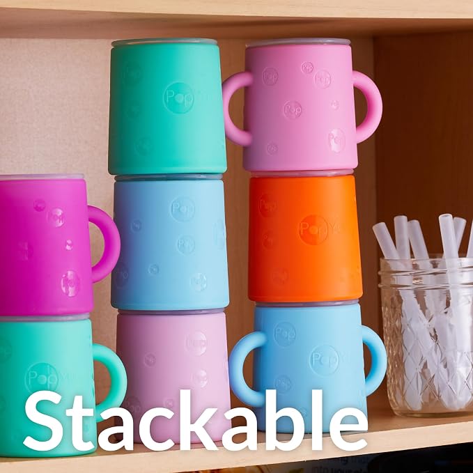 PopYum Silicone Training Cup with Straw Lid, 2-Pack for Baby, Infant and Toddler, Tumbler, Sippy, handles, 5 ounce (purple, pink)