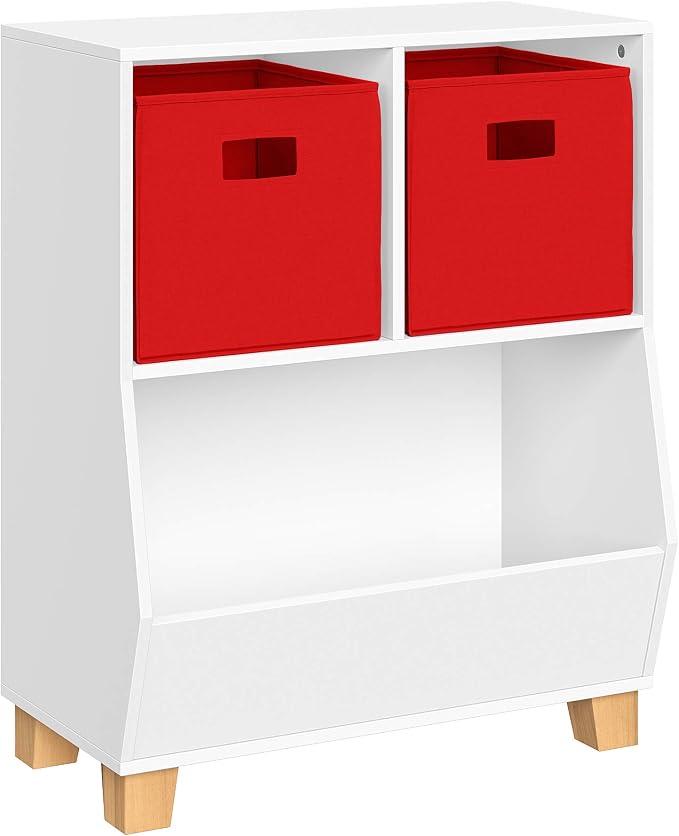 RiverRidge Kids Bookshelf Toy Storage Organizer with 2 Cubbies, 2 Folding Red Fabric Storage Bins & Spacious Bin White Playroom Toy Organizer and Cubby Storage