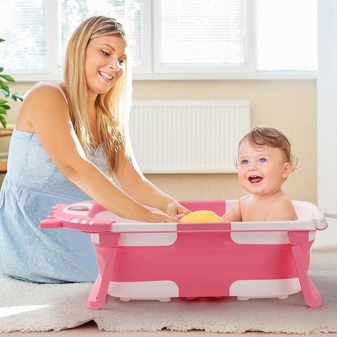 Baby Bathtub,Collapsible Baby Bath Tub with Thermometer & Soft Floating Cushion,Portable Travel Baby Bathtubs for Newborns to Toddlers 0-36 Months(Crab Pink)