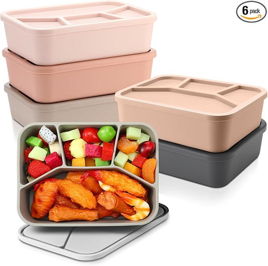 Honeydak 6 Pcs Silicone Bento Box Reusable Lunch Container 4 Compartment Snack Boxes with Lid Smooth LeakProof Rectangle Food Boxes for Adult Work Travel Food Storage(Vivid Color)
