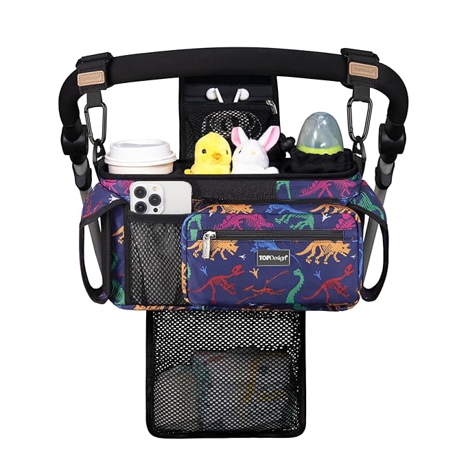 TOPDesign Universal Baby Stroller Organizer, Stroller Caddy with Detachable Mesh Bag & Heightened Insulated Cup Holders & Non-Slip Secure Hooks Accessories, Fits Most Strollers (Dino Fossils)