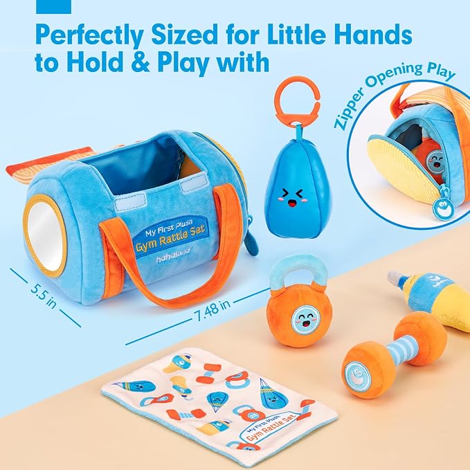 hahaland Baby Toys 6-12 Months - Baby Toys 3-6 Months Montessori Toy for 6 Month Old, Sensory Toy for Babies Workout Weights Dumbbell Toy Set with Soft Rattles Mirror, Easter Gifts for Baby