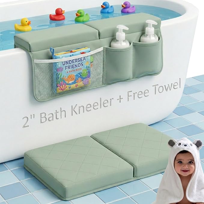 2inch XL Baby Bath Kneeler and Elbow Rest Pad Set + Hooded Towel - Embroidered Kneeling Pad for Bathing Baby - Dual-Layer Memory Foam Bathtub Kneeler and Elbow Rest Set