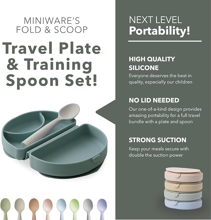 Miniware Fold & Scoop Baby Feeding Set - Silicone Travel Baby Plate With Suction & Baby Spoon - Compact, Portable, Dishwasher-Safe, Suction Base for Mess-Free Eating (Aquamarine and Aqua)