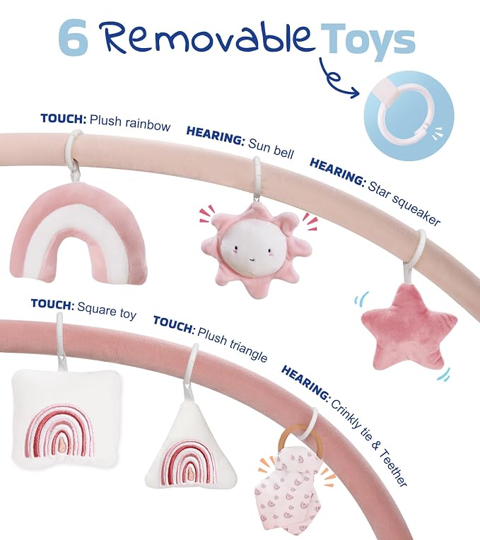 Little Dove 5-in-1 Plush Baby Play Gym, Tummy Time Mat with Blanket and 6 Sensory Toys, Baby Play Mats, Convertible Baby Gym for Sensory Development from Newborn to Toddler, Pink