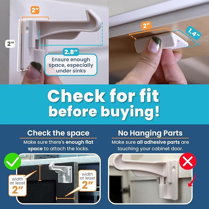 2 Pack Upgraded Version Cabinet Locks Baby Proofing, Children Proof Cupboard Drawers Latches, No Drilling or Tools Required for Installation, Works with Cabinets & Drawers, Adhesive Easy Installation