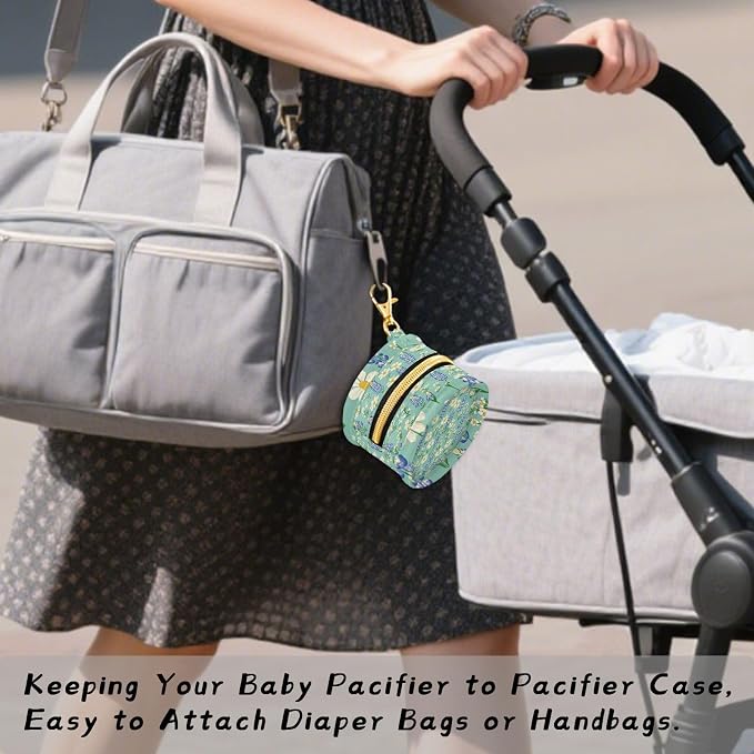 Pacifier Holder with Clip Pacifier Case for Diaper Bag Round Baby Pacifier Pouch Box Bag Portable Cute Green Bluebonnet and Daisies