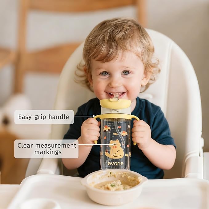 Evorie Tritan Spill Proof Toddler Straw Sippy Cup, 10 oz for Baby and Toddlers 1-3 Years Old, No Spill Straw Water Bottle with Removable Handles, Ideal for School, BPA-Free, Cat (New)