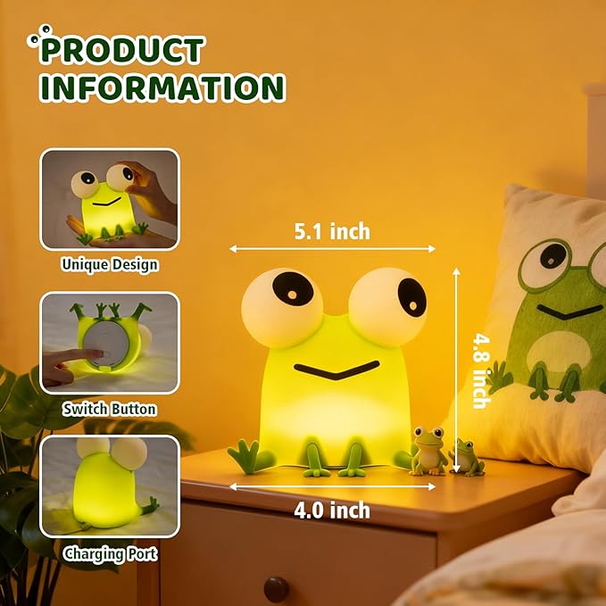 Frog Night Light for Kids with Timer Dimmable 3 Brightness 7 Colors Kawaii Frog Lamp Warm Sleep Aid USB Rechargeable Portable Night Lamp Decor for Girl Boy Nursery/Bedroom/Desk/Office