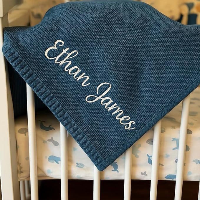 Personalized Baby Knit Blanket Custom Embroidered Cotton Blanket for Newborns Nursery Essentials Stroller Cover, Holiday, Thoughtful Keepsake for New Parents.