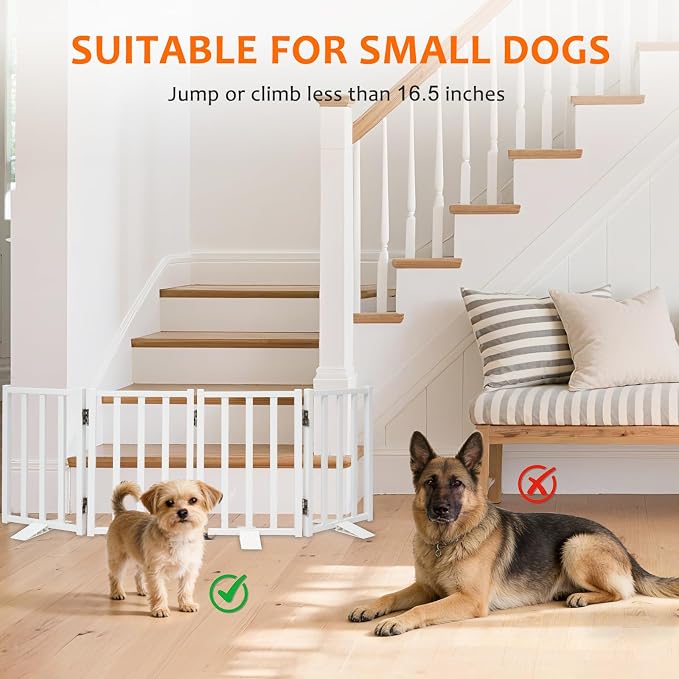 Snagle Paw Short Dog Gate,16.5" Tall Freestanding Metal Dog Gate Only for Small Dogs with Support Feet Easily Step Over,Up to 48" Wide Puppy Gate Indoor for Stairs,Doorways(White,4 Panel)