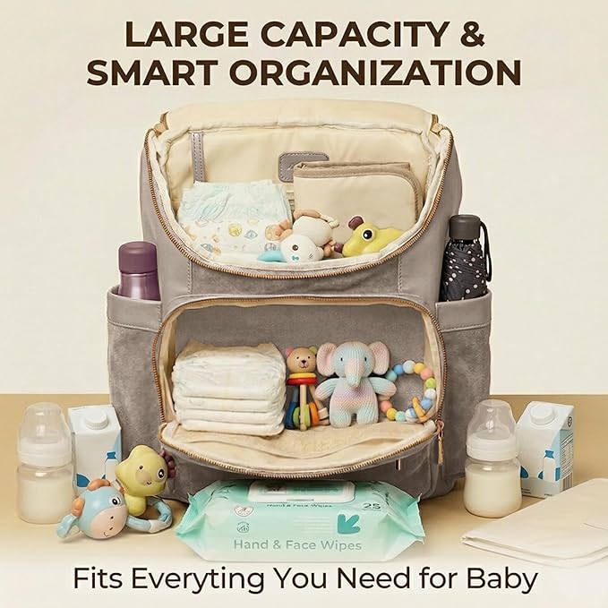 miss fong Diaper Bag Backpack - Large Diaper Bag Backpack Baby Backpack Suede Diaper Backpack with 14 Pockets, Pañaleras Para Bebe with Waterproof Wet Pocket Luggage Sleeve for Mom Dad-Taupe