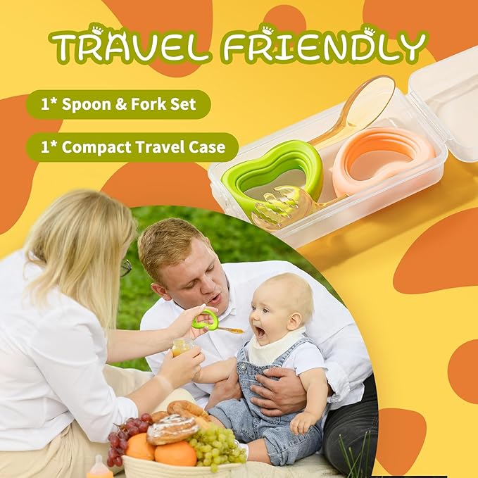 Toddler Forks and Spoons Set,Baby Utensils 12-18 Months with Silicone Easy-Grip Handle & Travel Case,BPA-Free Toddler Utensils 1 Year Old,Kids Utensils,Dishwasher Safe,Orange+Green
