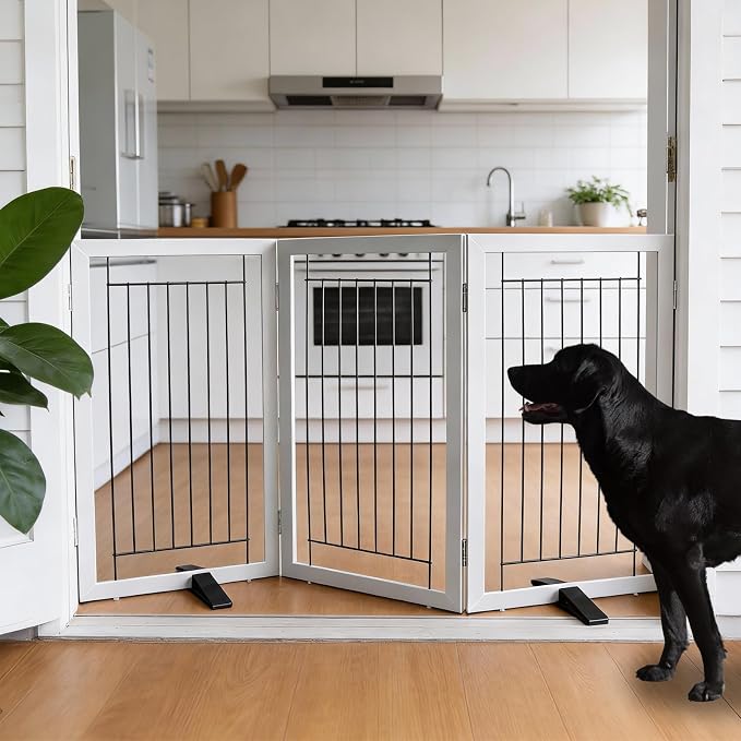 Dog Fence Indoor - 3-Panel Freestanding Dog Gate for Doorways, Hallways, House or Stairs -60x32-Inch Retractable Foldable Expandable Wood Pet by SFJC (Grey)