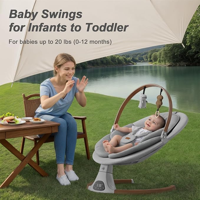 Baby Swings for Infants, Monamii Baby Swing, Bluetooth Infant Swing with Music Speaker, 5 Speeds and Remote Control, Indoor & Outdoor Use (Light Grey)