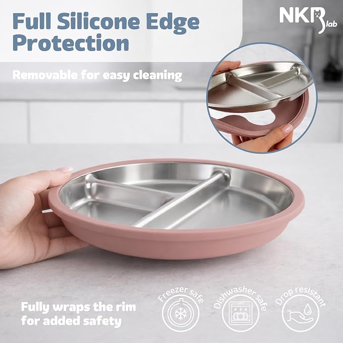 Stainless Steel Toddler Plates with Suction – 4 Pack Divided Baby Plates with Lids – BPA-Free Silicone Base – Dishwasher Safe