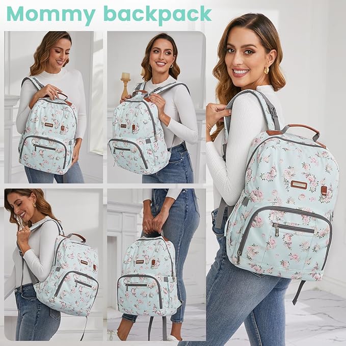 Diaper Bag Backpack, Large Baby Nappy Bags with Portable Changing Pad for Boys and GirlsMultifunction Travel Baby Bag for Moms Dads, Shower Gifts Waterproof and Stylish，Flower Green