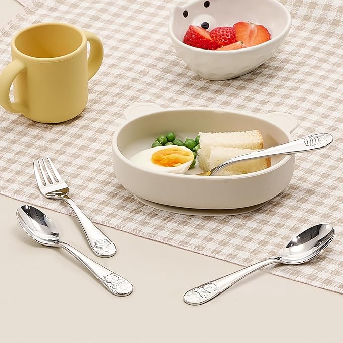 KINGSTONE Kids Silverware Set, 12-Piece Large Forks & Spoons, 18/10 Stainless Steel, Ergonomic Flatware for Self-Feeding Children, Home & Travel, Honey Bear Print