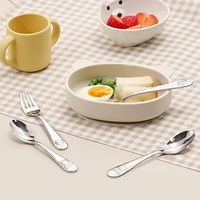 KINGSTONE 2-Piece Toddler Utensils Set, Small Fork & Spoon with Storage Case, 18/10 Stainless Steel, Lightweight, Ergonomic for Self-Feeding, Travel & Portable Kids Flatware, Honey Bear Print