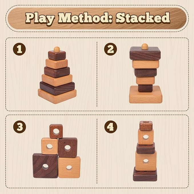 Adena Montessori Ring Log Wood Stacking Toy, Montessori Geometric Stacking Wooden Educational Toy for Babies, 12 Months and Up, Stacking Tower Toy for Babies (Square Type)