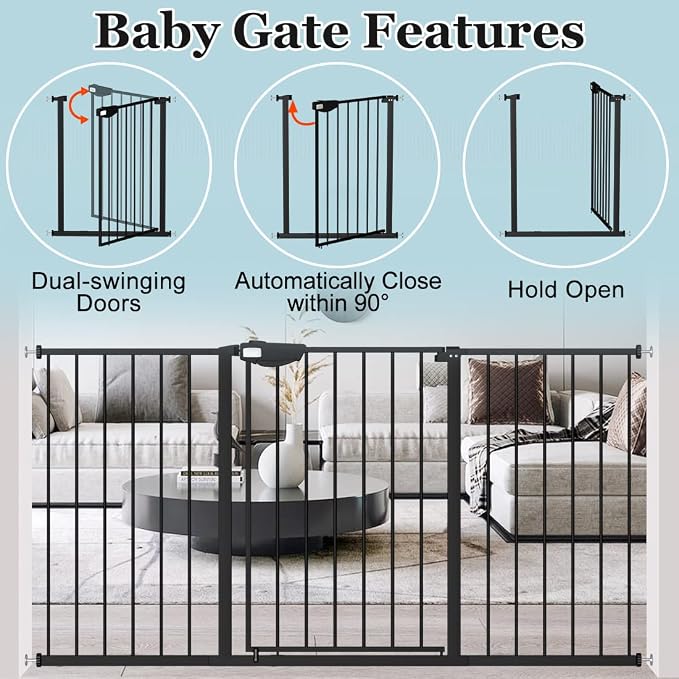 WAOWAO Triple Lock Baby Gate Extra Wide 62.59-67.32" Pressure Mounted Walk Through Swing Auto Close Safety Black Metal Dog Pet Puppy Cat for Stairs,Doorways,Kitchen