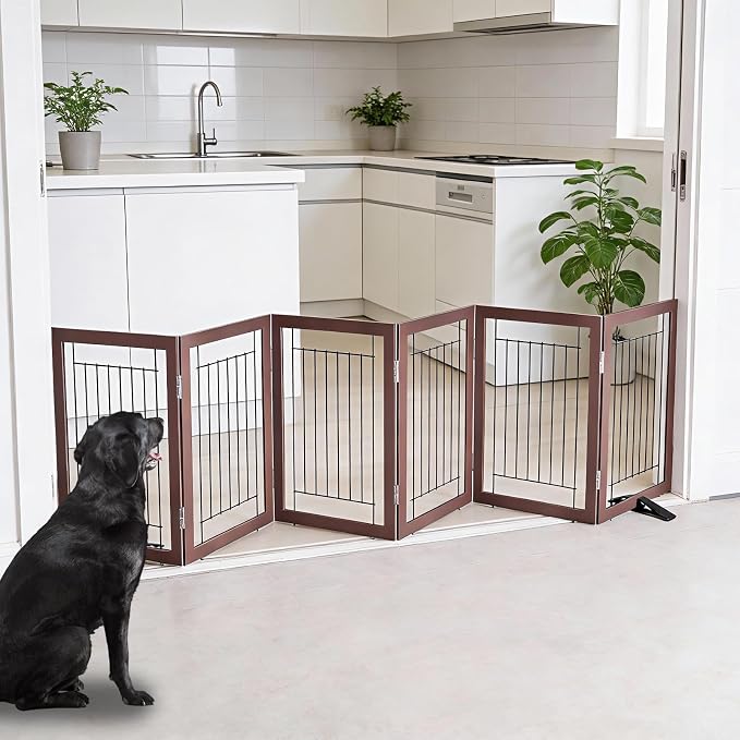 Dog Fence Indoor - 6-Panel Freestanding Dog Gate for Doorways, Hallways, House or Stairs -120x24-Inch Retractable Foldable Expandable Wood Pet by SFJC (Brown)