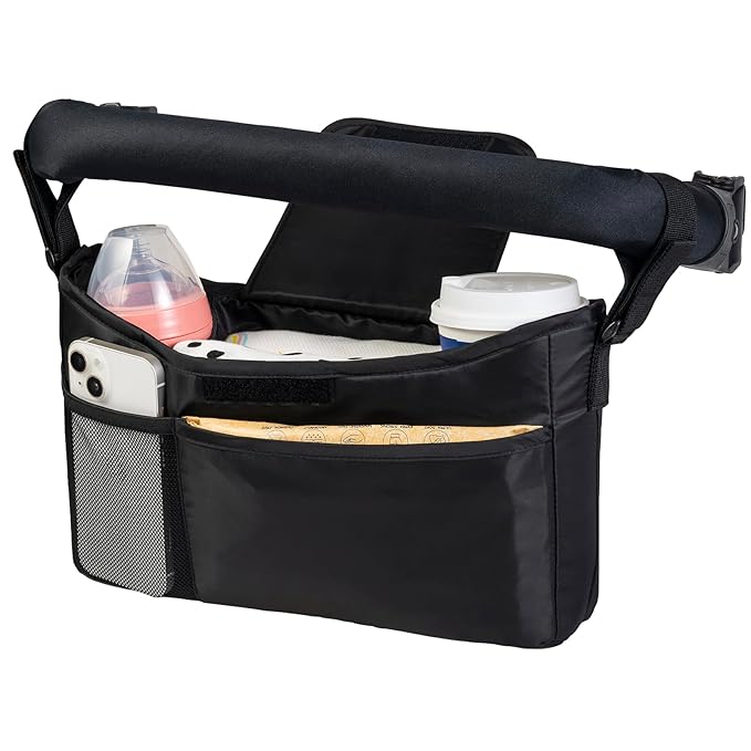 Tiny Twinkle Universal Stroller Organizer with Adjustable Strap - Waterproof Stroller Caddy Fits Baby Jogger, Nuna, Graco, Donna and Bugaboo Strollers（Black）