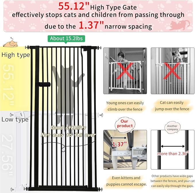 Lumizone Extra Tall Cat Gate 55.12" High Pressure Mounted 29.92"-42.51" Extra Wide 1.37" Gap No Drilling Auto-Close One-Handed Operation Tall Pet Gate for Dogs(Black, 55.12" H x 29.92"-42.51" W)