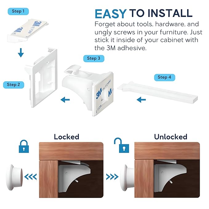 Baby Proof Me 6-Pack Magnetic Cabinet Locks, Baby Proofing Child Safety Locks with 2 Keys, No-Drill 3M Adhesive for Cabinets & Drawers