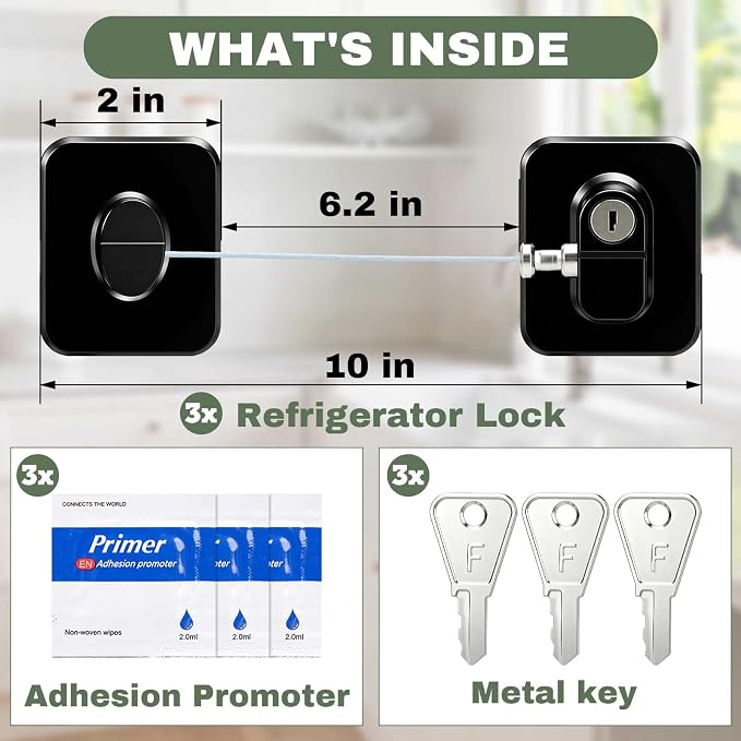 3 Pack Fridge Lock with Keys - Child Proof Cabinet Locks Baby Proofing Refrigerator Lock with Adhesive for Freezer, Cabinets, Closet, Drawers, Black