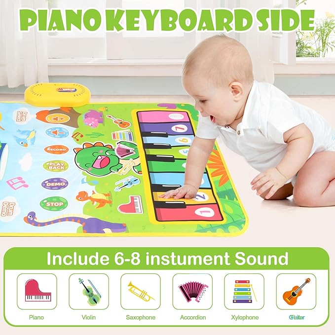 Baby Musical Play Mat,Early Educational 3 in 1 Floor Piano Drum Animal Touch 31.5"*19.6 " Play Blanket Montessori Sensory Musical Learning Toys,Baby Birthday (Green Dinosaur)