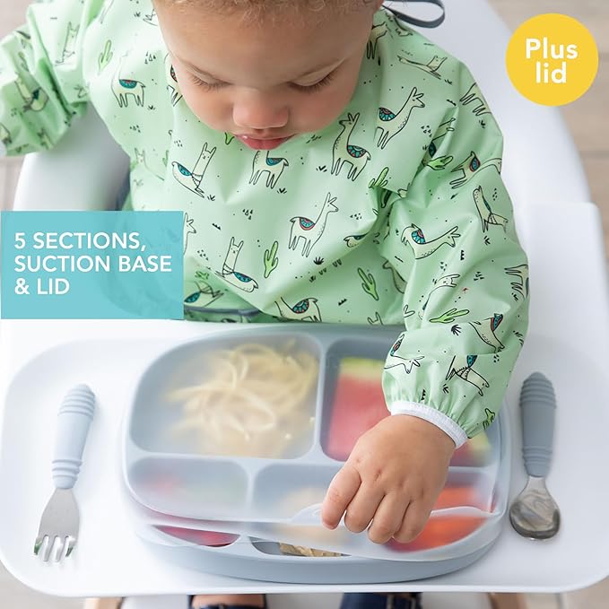 Bumkins Toddler and Baby Suction Plate, Silicone Divided Grip Dish and Lid, Large 5-Section Tray for Kids, Essentials in Children Feeding Supplies, Non Skid Stick Bottom, for Ages 6 Months Up, Gray