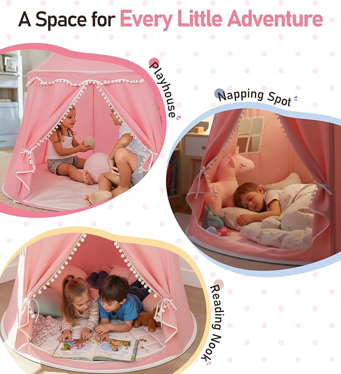 Play Tent with Padded Mat, Star Lights and Flags, Large Princess Tent Kids Play Tent, Indoor Outdoor Game Playhouse, Portable Children Yurt Tents, Birthday Gift for Girls, 47''x45'', Pink