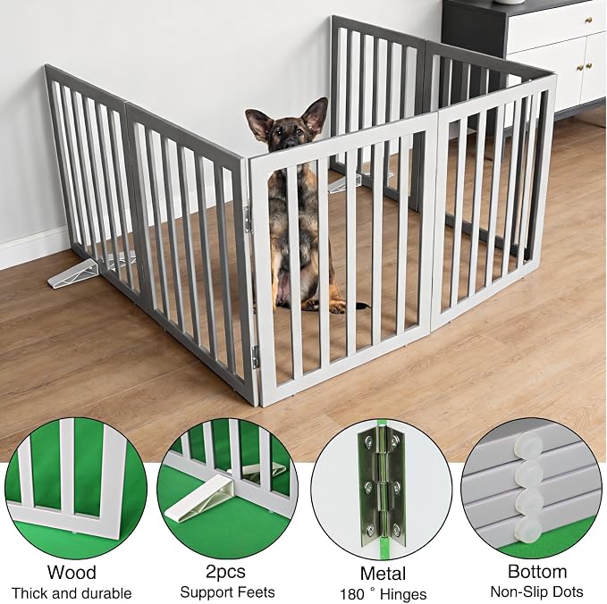 Dog Gate Indoor, Freestanding Dog Fence for The House, Doorways, Hallways,or Stairs,Pet Gate Foldable Wooden,Expandable 24" Height 6 Panels,Grey
