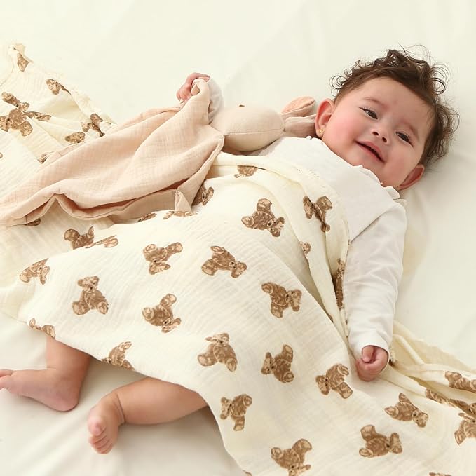 insular Muslin Swaddle Blankets for Boys Girls, 2 Pack Receiving Baby Blanket Large 47 x 47 inches, Soft Breathable Swaddling Wrap for Unisex Newborn, Teddy Bear&Checkered