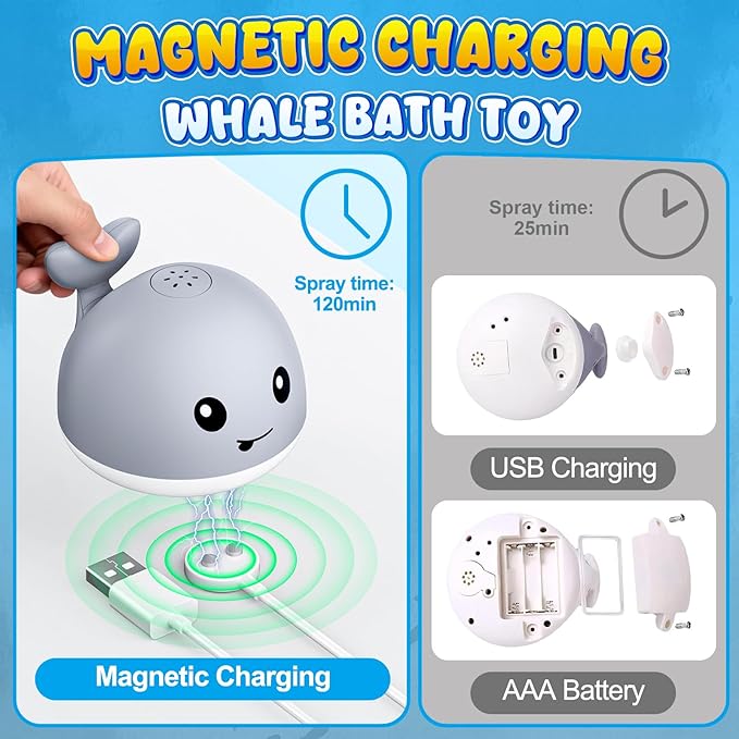 Gigilli Baby Bath Toys, Magnetic Rechargeable Bath Toys for Kids Ages 1-3, Toddler Bathtub Pool Water Table Toys Sprinkler, 1 Year Old Boy Girl Gifts, Light Up Whale Bath Toy for Babies 6-12-18 Months