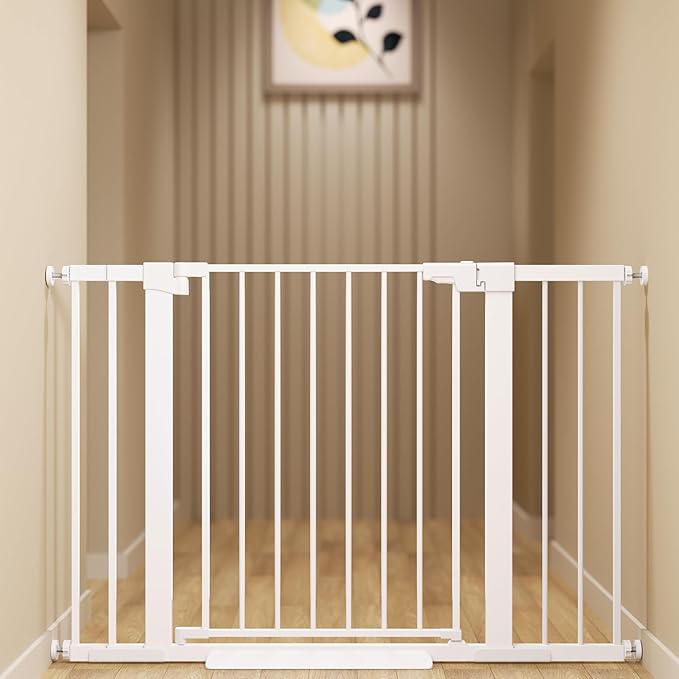 29-46 inches Metal Baby Gate for Stairs/Doorways, 30 inches Tall Pressure Mounted Pet Gates, Auto-Close Child Safety Gate, No Drilling Easy Walk-Through Dog Gate Indoor, White