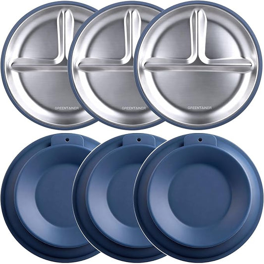 Greentainer 3 Pack Stainless Steel Baby Suction Plates, Divided Toddler Plates with Removable Silicone Sleeves, Unbreakable Kids Dishes for Dinner & Snack, Non-Toxic, Dishwasher Safe