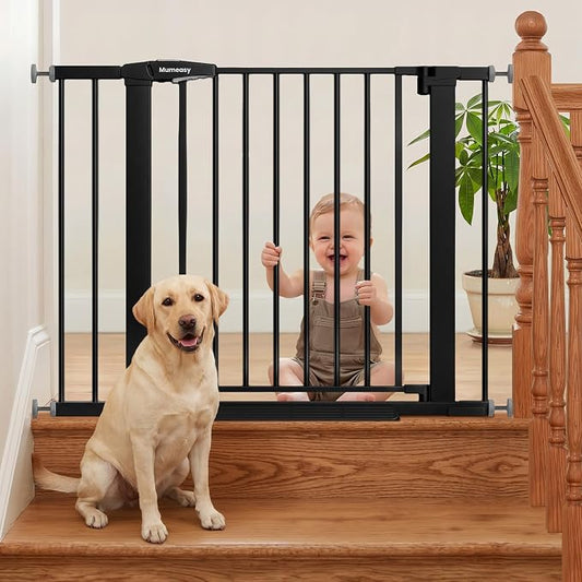 Mumeasy 29.7-40.6" Baby Gate for Stairs, Auto Close Dog Gate for Doorways, Pressure Mounted No Drill Pet Gate with Easy Walk Thru Door, Double Lock, Black