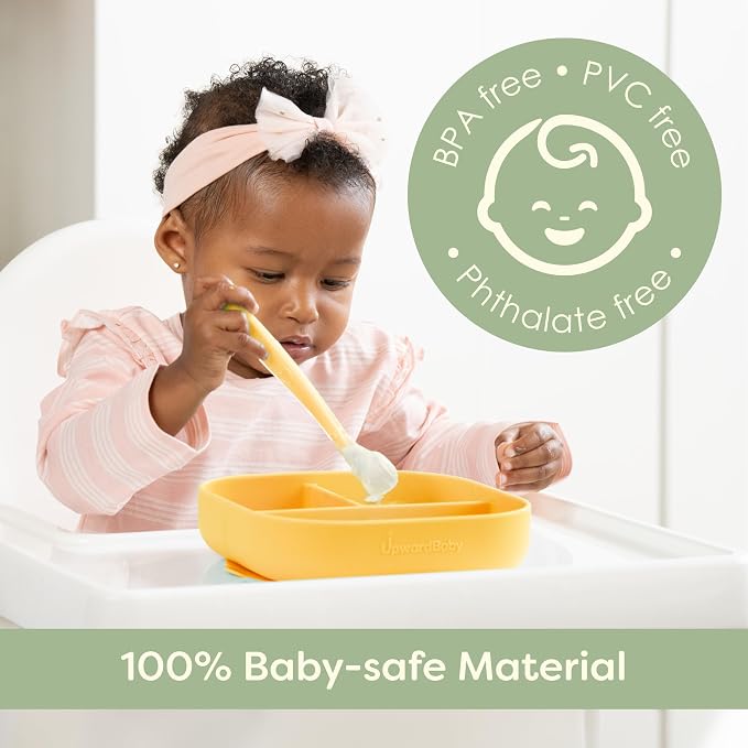 UpwardBaby Baby Plates and Spoon Set - Silicone Divider Suction Plates for Babies, Toddlers & Kids - Less Mess, Easy Portion Feeding Set - Non-Slip, Non-Toxic, BPA Free - Blue/Yellow